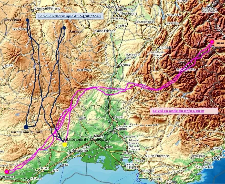 Cartes des grands vols du CVVM : vol thermique du 04/08/2018 et vol d'onde du 07/01/2012